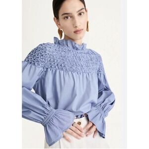 Merlette XS Majorelle Blouse in Slate Blue Smocked Long Sleeve Cotton Cottage